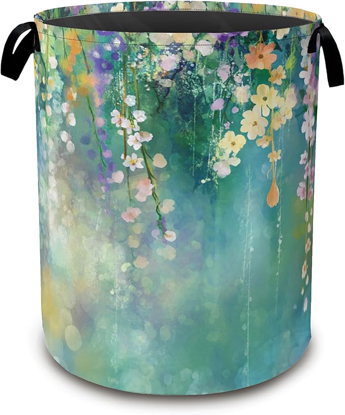 Abstract Flowers Laundry Basket,Spring Floral Collapsible Laundry Baskets with Handles,Waterproof Oxford Cloth Storage Basket 16"x20" for Bathroom/Bedroom/Dormitories