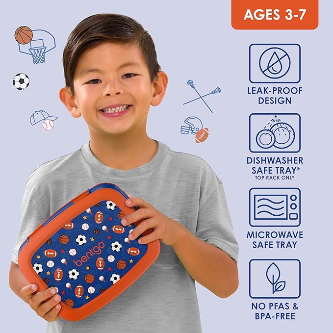 Bentgo Kids Prints Leak-Proof, 5-Compartment Bento-Style Kids Lunch Box - Ideal Portion Sizes for Ages 3-7, Durable, Drop-Proof, Dishwasher Safe, & PFAS & BPA-Free Materials (Sports)