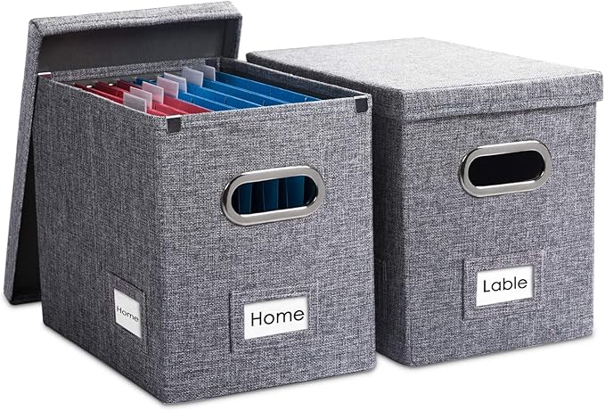 PRANDOM File Organizer Box - Set of 2 Collapsible Decorative Linen Filing Storage Hanging File Folders with Lids Office Cabinet Letter Size Grey (14x9.3x10.8 inch)