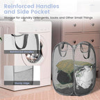 HOUSE AGAIN 2 Pcs Pop Up Laundry Hamper, Strong Mesh Laundry Baskets Collapsible, Hamper with Handles and Side Pocket, Portable Foldable Dirty Clothes for Dorm, Laundry room and Travel Storage, Grey
