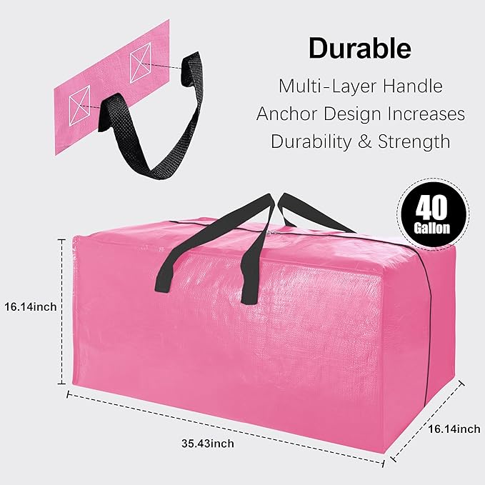 6 Pack Heavy Duty Extra Large Moving Bags W/Backpack Straps - Strong Handles & Zippers, Storage Totes For Space Saving, Fold Flat, Alternative to Box and Bin (40 gal, Pink)