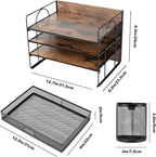 4 Tier Desk Organizers and Accessories, Paper Letter Tray Organizer,Vintage Wood Desk File Organizer with Drawer and 2 Pen Holders for School Home Office Supplies