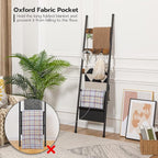 HOOBRO Blanket Ladder, 5 Tier Towel Rack, 17.3" L x 63" H, Wall-Leaning Blanket Rack for Living Room, Decorative Ladder with 4 Hooks and Magazine Pocket, Rustic Brown BF32CJ01