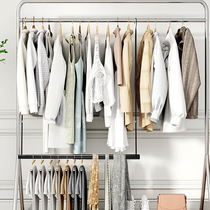 STORAGE MANIAC Hanging Closet Rod, Adjustable Width and Height Closet Hanging Organizer, Space-Saving Clothes Hanging Bar, Closet Extender Hanging Rod Double Closet Hanging Rod, 1 Pack Black