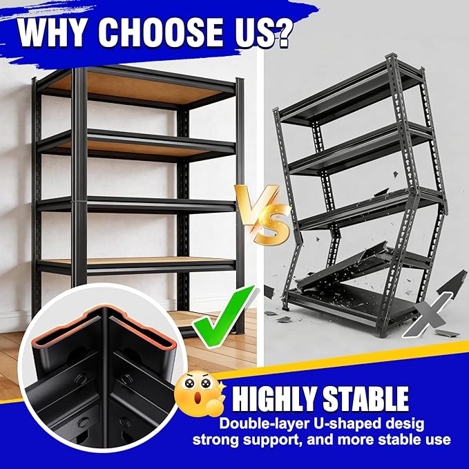78"H Garage Shelving 2050 lbs Heavy Duty 5-Tier Storage Shelves, 46"W x 20"D Extra Large Metal Shelving Unit, Adjustable Utility Steel Rack for Industrial Warehouse, Shop, Pantry, Basement, Black