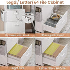 Itaar 2 Drawer File Cabinet, Filing Cabinet with Lock fits Letter, Legal, A4 Size, File Cabinets for Home Office with Storage Bag, Open Shelf and Hook, White