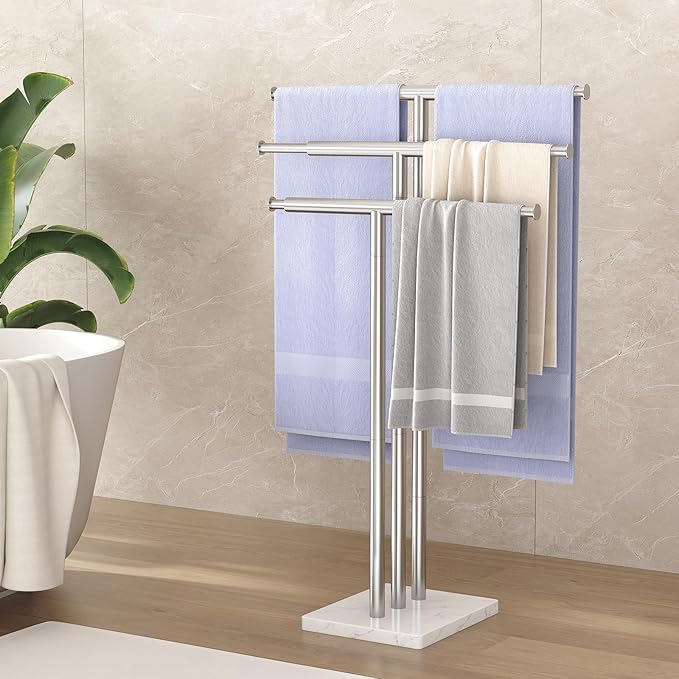 ELYKEN Standing Towel Racks for Bathroom, 3-Tier Floor Towel Holder Stand with Weighted Marble Base, Freestanding Bath Towel Rack, Width Adjustable & Stainless Steel Brushed Finish