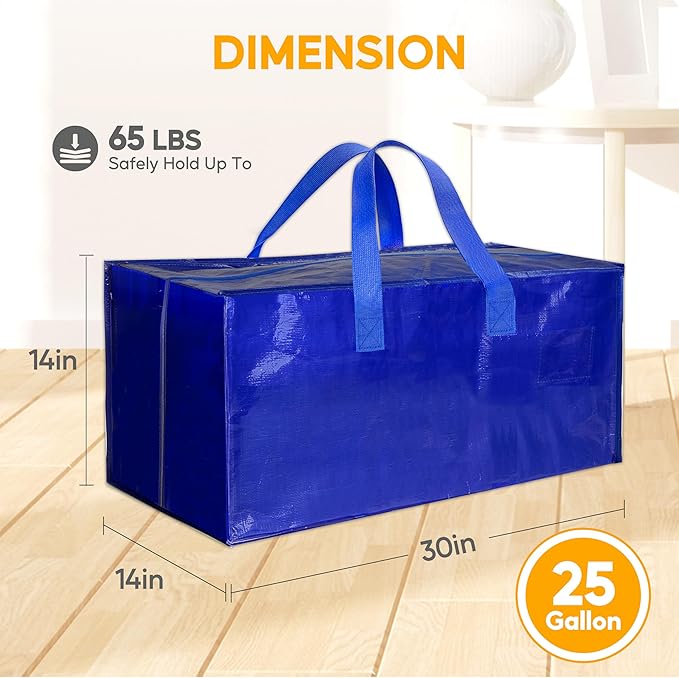 HealSmart 4 Pack Extra Large Moving Bags with Zippers & Carrying Handles, Heavy-Duty Storage Tote Moving Boxes for Dorm Room Essentials Storage Bags, Blue
