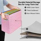 4 Pack Letter Size File Storage Box Collapsible，Fabric Hanging File Folders Organizer, Portable Office Document Holder with Metal Handle, Smooth PVC Rails, Pink