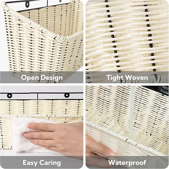 GRANNY SAYS Wicker Hanging Basket, 2 Pack Storage Baskets for Organizing, Adhesive Wall Mount Fruit Basket, Kitchen Organization Hanging Shelves, Storage Cabinet Door Organizer, Off White