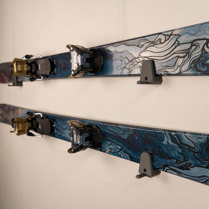 Horizontal Wall Ski Holder – Space-Saving Ski Wall Mount for Garage & Home Storage | Holds 1 Pair of Skis | Mountain, Snowflake & No Design Styles (Black, Mountain | Without Gear Hook)