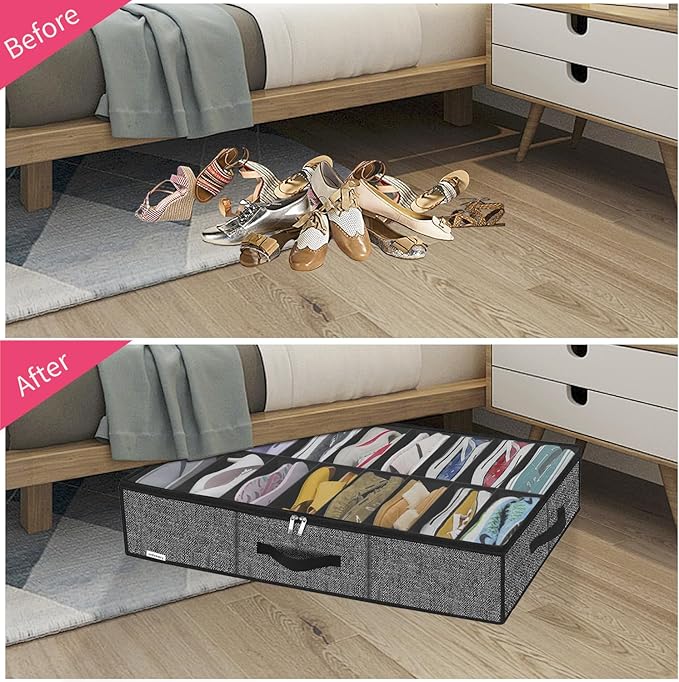 Onlyeasy Sturdy Under Bed Shoe Storage Solution Organizer For Closet Fit 16x2 Pairs, Underbed Shoes Container Bags with Reinforced Handles, Breathable, Linen-like Black, MXAUBS16P2