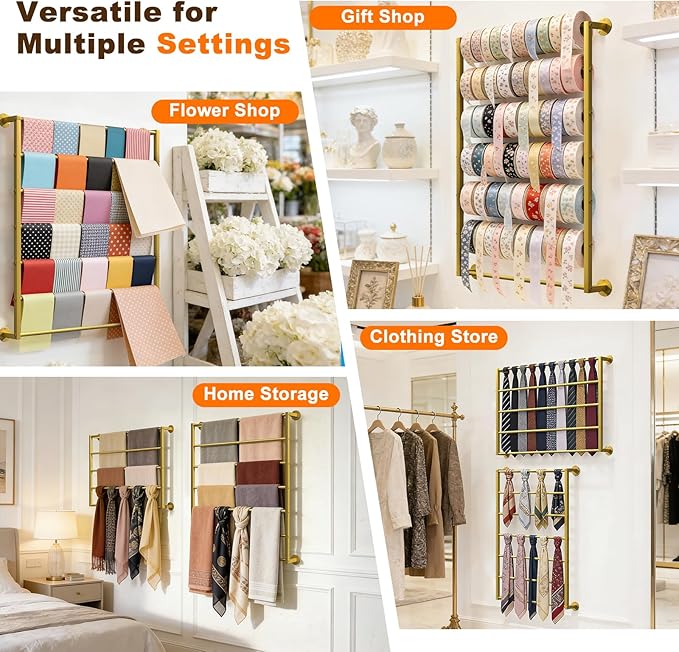 Wall Mounted Scarf Rack, Gold Silk Scarves Hijab Hanger Organizer Metal Racks Wrapping Tissue Paper Ribbon Holder Towels Storage Display for Flower Shop Retail Store (Gold, 5T-27.6×23.6IN)