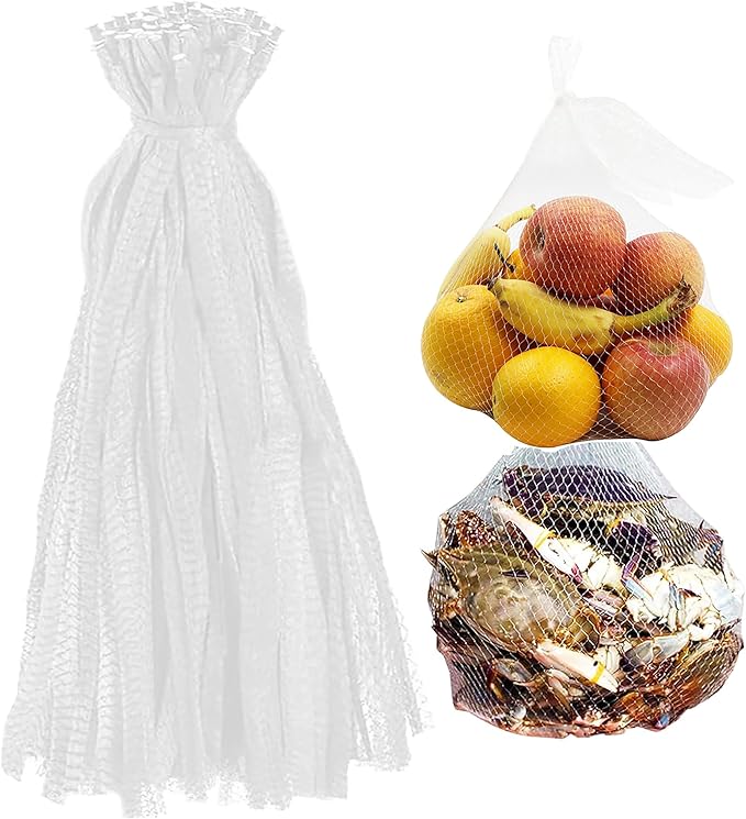 100Pcs 24’’ Reusable Mesh Produce Bags, Onion Fruits Net Bags and Seafood Boil Bag for Crab Clam Crawfish, Mesh Storage Bag for Grocery Shopping Storage of Fruits Vegetable Seafood & Garden Produce