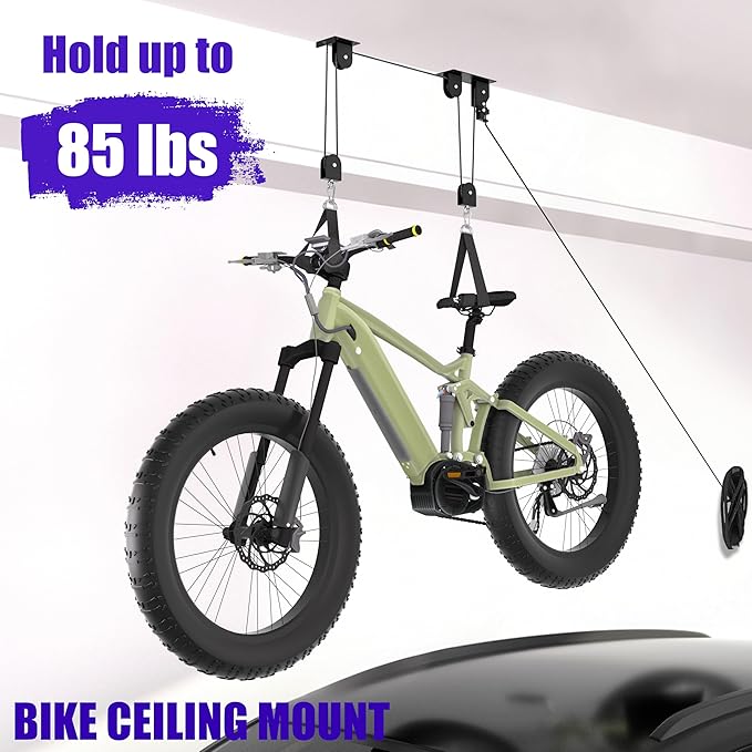 2 Pack Bike Hoist, Heavy Duty Ebike Lift Pulley System for Garage Ceiling Overhead Storage for Bicycle, Ladders, Snowboard, Holds Up to 85 lbs Capacity, Fit 10-16 Foot High Ceilings