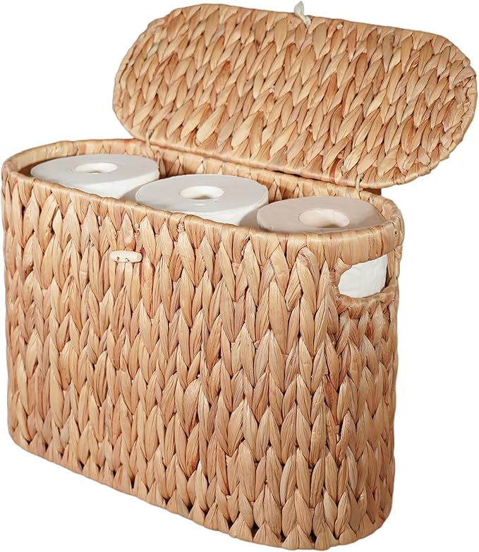 PINXIURY Water Hyacinth Toilet Paper Storage Basket, Bathroom Toilet Organizer with Lid, Woven Toilet Paper Holder for 6 Mega Rolls Bathroom Storage, Magazine Holder for Office, Bedroom