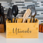 Bamboo Kitchen Utensil Holder for Countertop – Large 3-Compartment Organizer & Caddy with Drain Holes, Farmhouse Utensil Holder for Kitchen Counter, Rustic Wood Storage for Spoons & Spatulas
