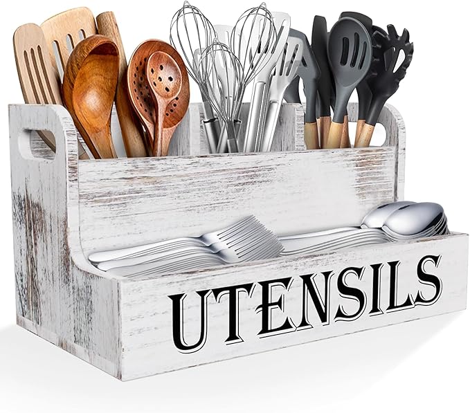 Suli Extra Large Kitchen Utensils Holder with 4 Compartments, White Wooden Utensil Organizer for Kitchen Countertop, Farmhouse Utensil Storage, Rustic Cooking Utensils - White Grain