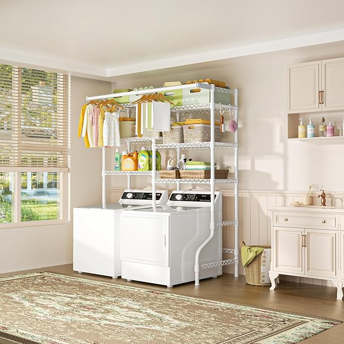 Ulif U13 Over Washer and Dryer Storage Shelves, 6 Tiers Laundry Room Standing Shelf with 2 Hanger Rods, Space Saver Clothes Drying Rack, 63.4" W x 22" D x 77.4" H, White