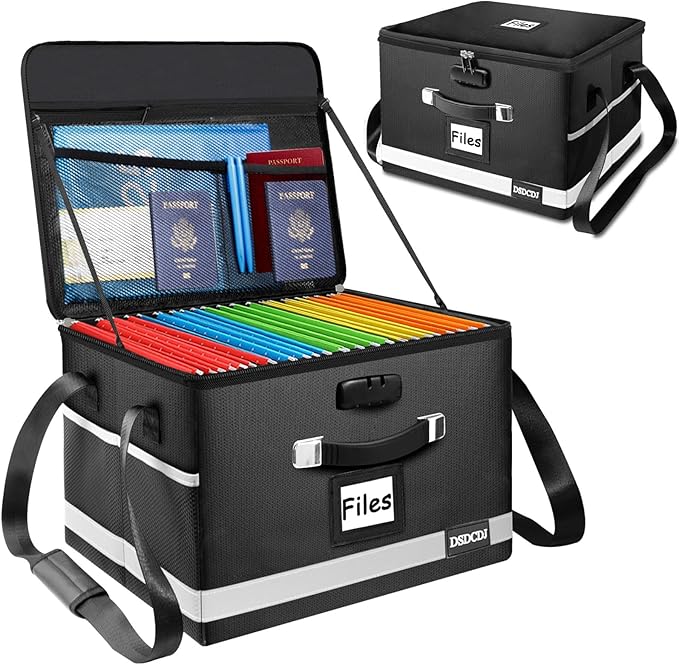 Upgraded Fireproof File Box with Stay-Open Straps, Fireproof Document Box with Lock, Portable File Organizer Filing Cabinet with Handles for Hanging Letter/Legal Folder, 15.5" x 12.3" x 10.5"
