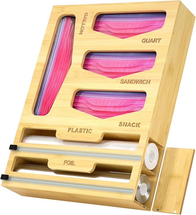 6 in 1 Bag Organizer and Wrap Dispenser with Magnetic Lid - Plastic Wrap Dispenser with Cutter for Kitchen Drawer, Storage for Gallon, Quart, Sandwich, Snack Bags, and Foil Beige