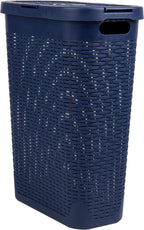 Mind Reader Slim Laundry Hamper with Lid, 40L Clothes Basket, Premium Wicker Design, Plastic, Navy