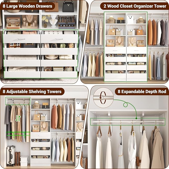 Aheaplus Closet System with Drawers Set of 2, Wood Closet Organizer System with 8 Hanging Rods & Top Shelves, Walk-in Closets Organizer Wardrobe Clothes Rack System, Cut Fits Spaces 4-9FT. Wide, White