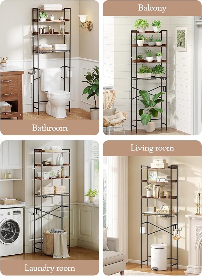 4 Tier Over The Toilet Storage Shelf with 3 Adjustable Shelves, Space Saver Bathroom Organizer with 4 Hooks, Freestanding Above Toilet Rack for Restroom Laundry (Brown)