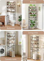 4 Tier Over The Toilet Storage Shelf with 3 Adjustable Shelves, Space Saver Bathroom Organizer with 4 Hooks, Freestanding Above Toilet Rack for Restroom Laundry (Brown)