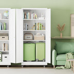 INTERGREAT Metal Storage Cabinet with Wheels, 73" H Rolling Metal Cabinets with Doors and Shelves, White Steel Lockable Cabinet on Wheels for Garage Storage