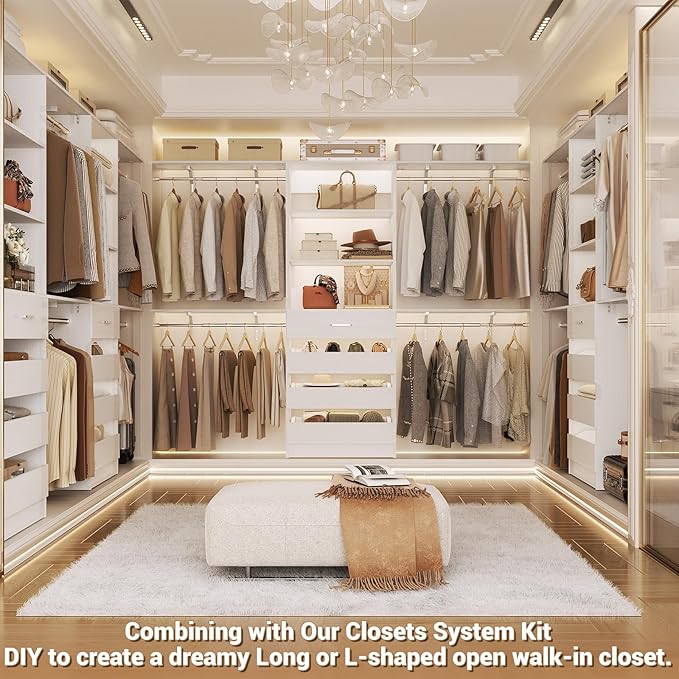 Aheaplus Closet System with Drawers Set of 2, Wood Closet Organizer System with 8 Hanging Rods & Top Shelves, Walk-in Closets Organizer Wardrobe Clothes Rack System, Cut Fits Spaces 4-9FT. Wide, White