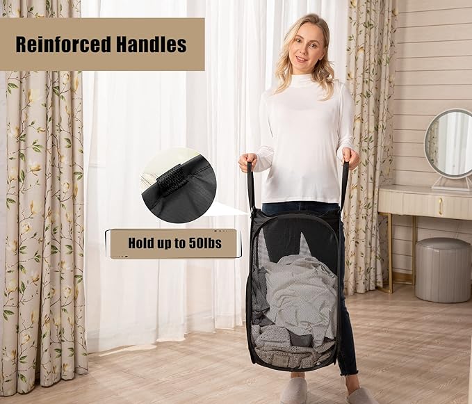 HOUSE AGAIN Mesh Popup Laundry Hamper, [Reinforced] Collapsible Laundry Basket, Foldable Pop Up Hamper with Durable Handles, Easy to Open and Fold for Dorm, Laundry Room, Bedroom, Travel, (Black)