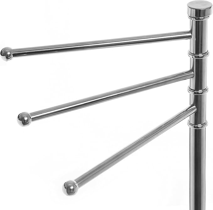 MyGift 38 Inch Silver Metal Freestanding Towel Rack for Bathroom, Bath Towel Stand with 3 Swivel Arms and Sturdy Round Base, Standing Towel Rack, Hand Towel Holder