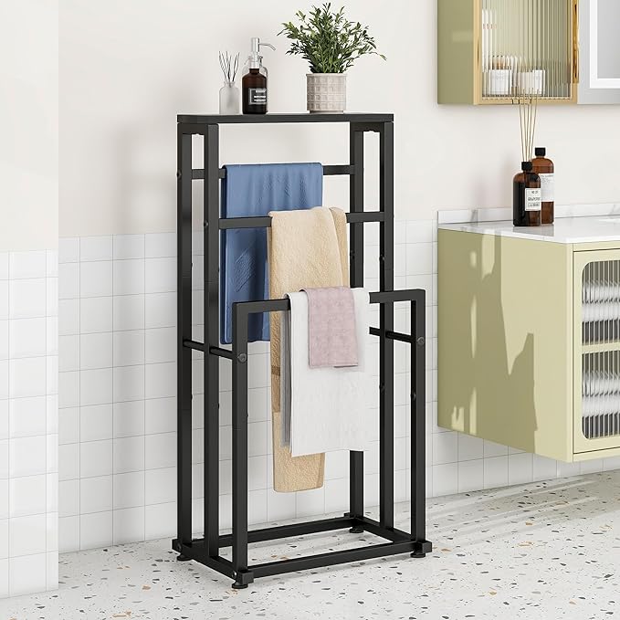 Free Standing Towel Rack for Bathroom, 3 Tier Metal Blanket Rack with Shelf, Blanket Drying and Display Rack for Oversized Bath Towels Bathroom Accessories, Next to Tub or Shower, Black