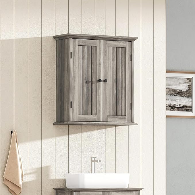 ChooChoo Bathroom Wall Cabinet, Over The Toilet Space Saver Storage Cabinet, Farmhouse Medicine Cabinet with 2 Doors and Adjustable Shelves, Cupboard, Retro Grey