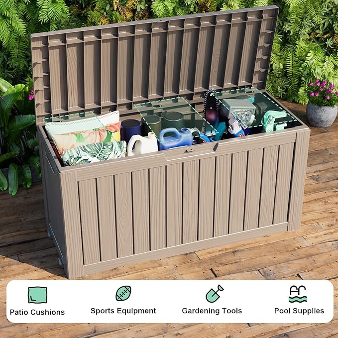 90 Gallon Deck Box Outdoor, Waterproof Outdoor Storage Boxes with Lids, Outside Resin Lockable Storage Box for Patio Cushions, Garden Tools(Grey)