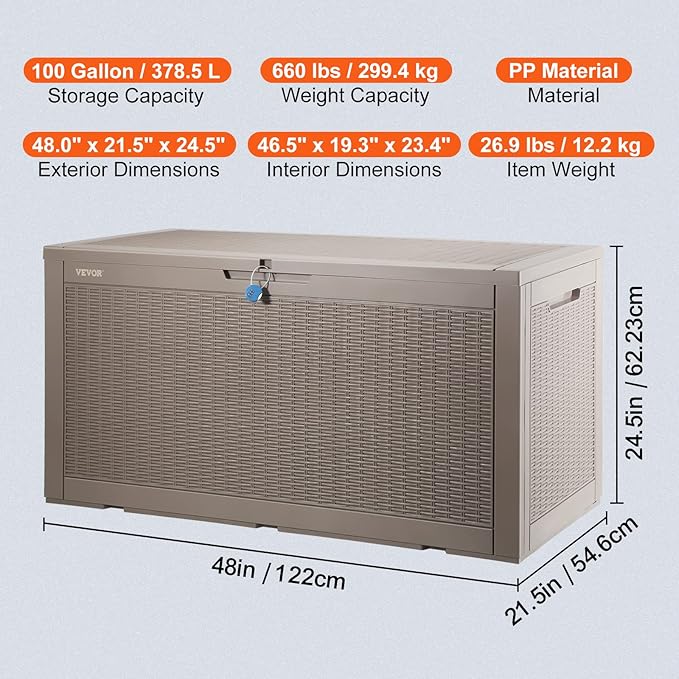 VEVOR Deck Box, 100 Gallon Outdoor Storage Box, 48.0" x 21.5" x 24.5", Waterproof PP Deckbox with Aluminum Alloy Padlock, for Patio Furniture, Garden Tools, Outdoor Cushions, Gray
