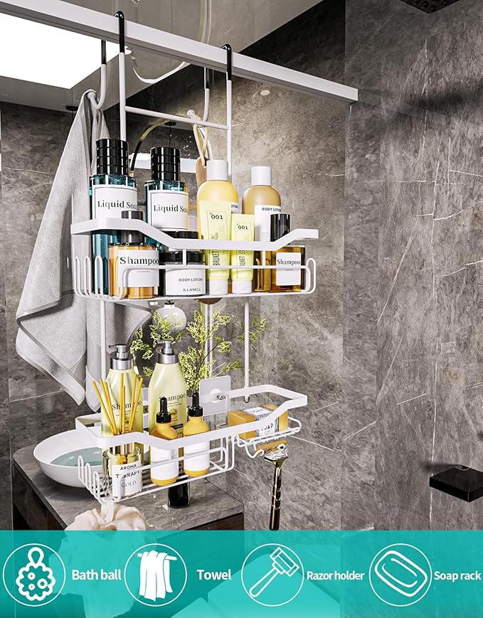 HapiRm Hanging Shower Caddy Over the Door with Soap Holder, No Drilling Adhesive Shower Organizer with 11 Hooks, Rustproof & Waterproof 304 Stainless Steel Bathroom Shelves - White