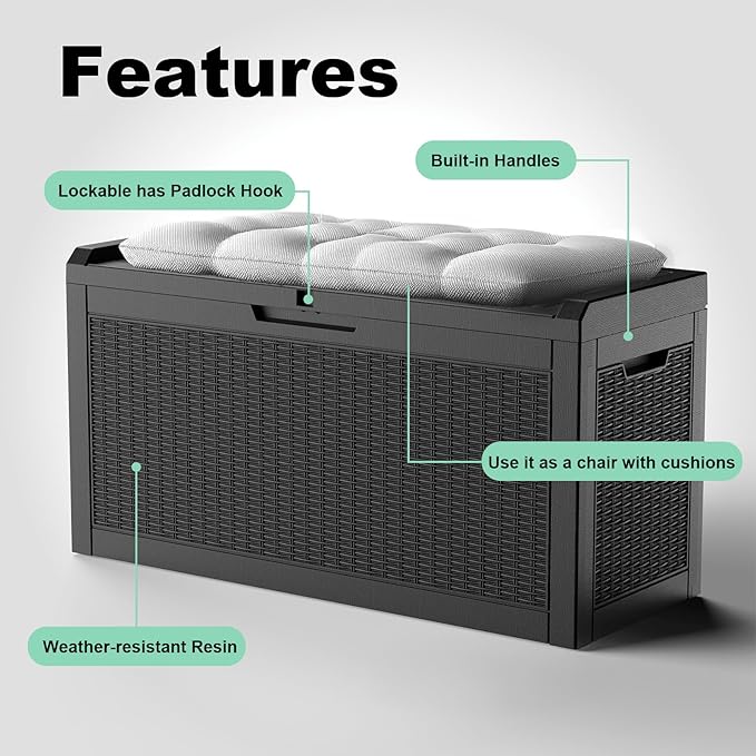 ROJIK Outdoor Storage Housing Deck Box,Waterproof Patio Furniture, Garden Tools, Cushions, Pool Accessories Storage Bench with Lockable Lid and Side Handles (Black,60 Gallon)