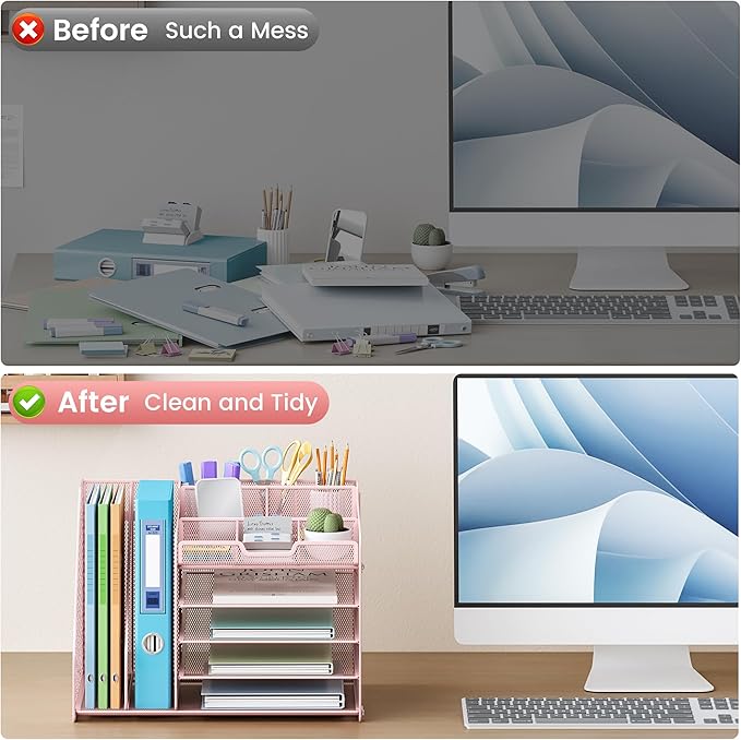 Lavatino 5-Tier Desk Organizer with 2 File Holders, Metal Adjustable Paper Letter Tray for Office or Home Desk Organizers and Accessories | 7 Flexible Dividers Keep Workspace Supplies Neat, Pink