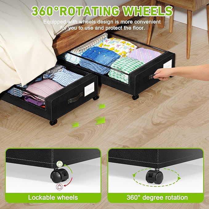 Under Bed Storage with Wheels, XXL 60L Under the Bed Storage Bins, Underbed Storage Containers with Lids & Label, Rolling Metal Drawer for Shoes, Clothes, Books, Toys (2-Pack Black)