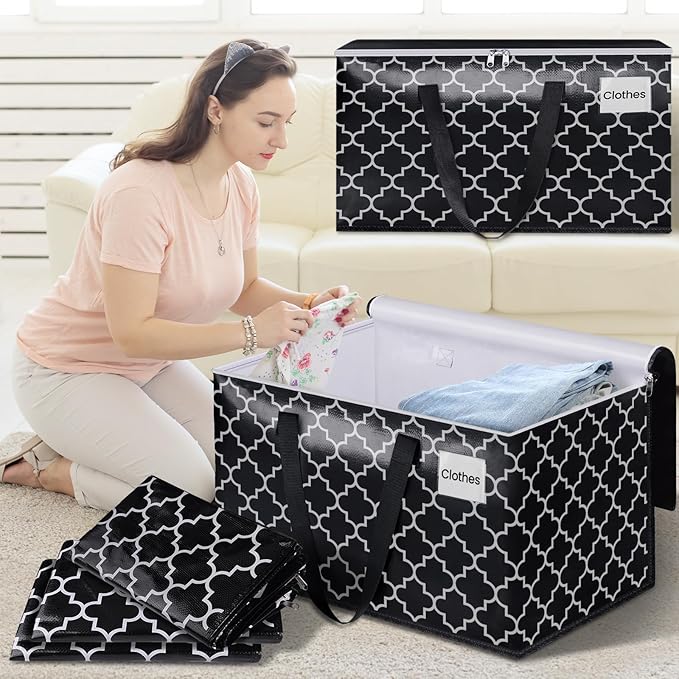 HomeHacks Heavy Duty Moving Bags with Tag Pockets, Collapsible Storage Totes for Moving, Camping & Travel -Foldable Packing Boxes, Zipper Handles, Black（4 Packs, 88L）