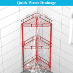 3 Tier Floor Standing Corner Shower Caddy Organizer Shelf with Hooks, Bathroom Shelves Stand Rack, Red