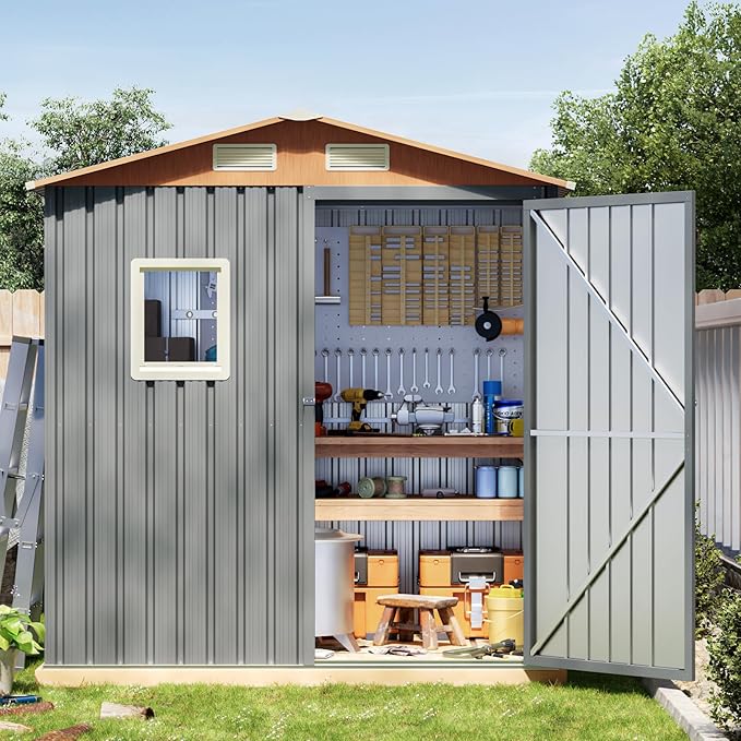 6x4FT Multi-used Shed & Outdoor Storage Shed, Steel Tool Shed with Lockable Doors,Window,Vent,Compact Metal Tool Garden Shed for Garden, Backyard, Patio, Lawn and Various Storage(Matte Gray)