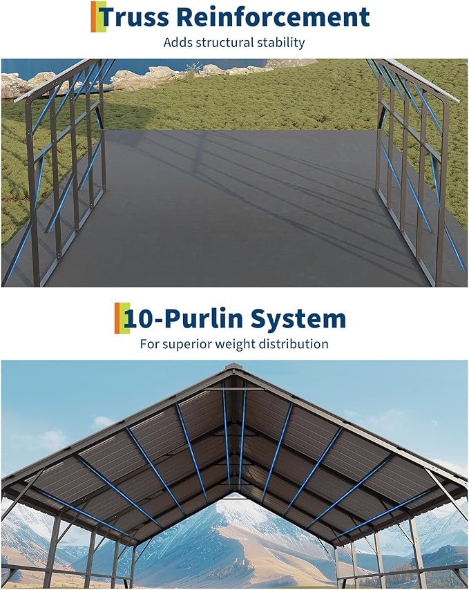 Garvee 20x20 ft Metal Carport Kit, 120° Steep-Pitch Vertical Roof for Snow Shedding, 173" High-Clearance RV & Tractor Shelter, Heavy-Duty 2 Cars Car Port with Reinforced Frame