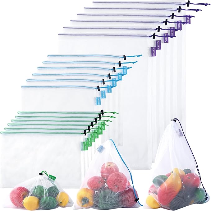 18 PCS Reusable Produce Bags, Heavy Duty Washable Mesh Grocery Bags with Drawstring, See-Through Food Safe Mesh for Fruits Vegetables Toy Storage, Multi-Size S/M/L