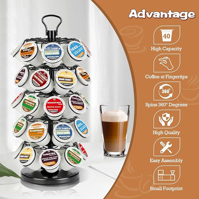 K Cup Holders,K Cup Holder, K Cups Holder,K Cup Carousel, Coffee Pods Holder Storage Organizer Stand,No Assembly Required,Black (40 Pods Capacity Easy Assembly Glossy Black)