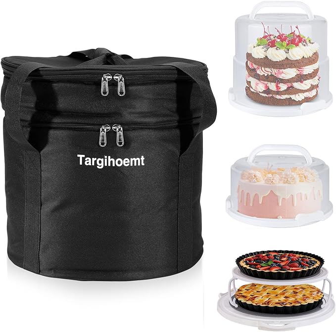 Foldable Cake Carrier with Portable Insulated Bag(Heavy-Duty), Plate Stacker and Non-slip Silicone Trivet Mats, Holds up to 8.5in High and 10in Round Cake or 2pcs 9in Pies