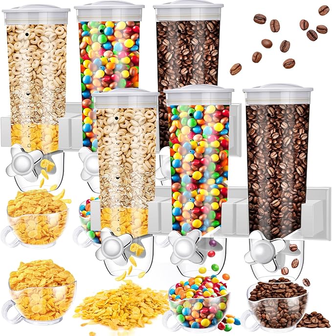 Nitial 2 Pieces Cereal Dispenser Wall Mounted 4.5L Triple Candy Machine Grain Dispenser with Cup Triple Dry Food Snack Wall Mount Cereal Storage Container for Kitchen Food Store Coffee Store (White)