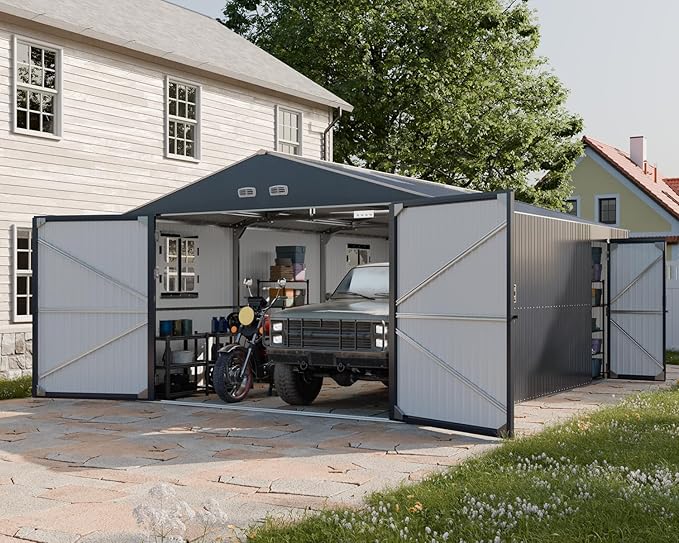 WACASA 13x20x8.3 FT Large Metal Garage Shed with Base Floor Kit, Ultra-Reinforced 18-Gauge Powder-Coated Steel Frame, 100 PSF Snow & 150 MPH Wind Rated, Skylight Dual-Entry Carport & Workshop